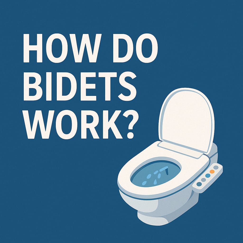 Illustration of a bidet with the text 'How do bidets work?' in a blue background.