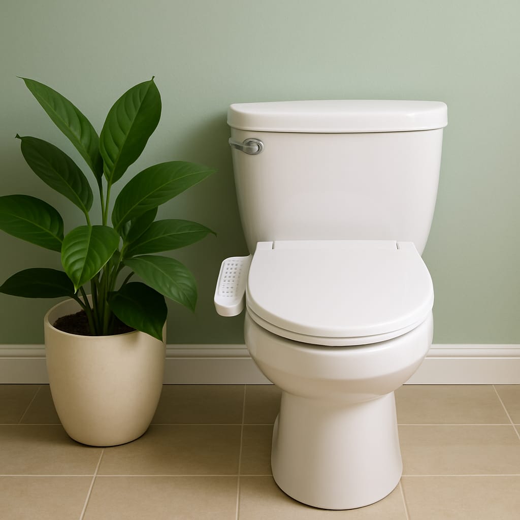 White toilet with a bidet attachment and a green plant in a pot beside it.