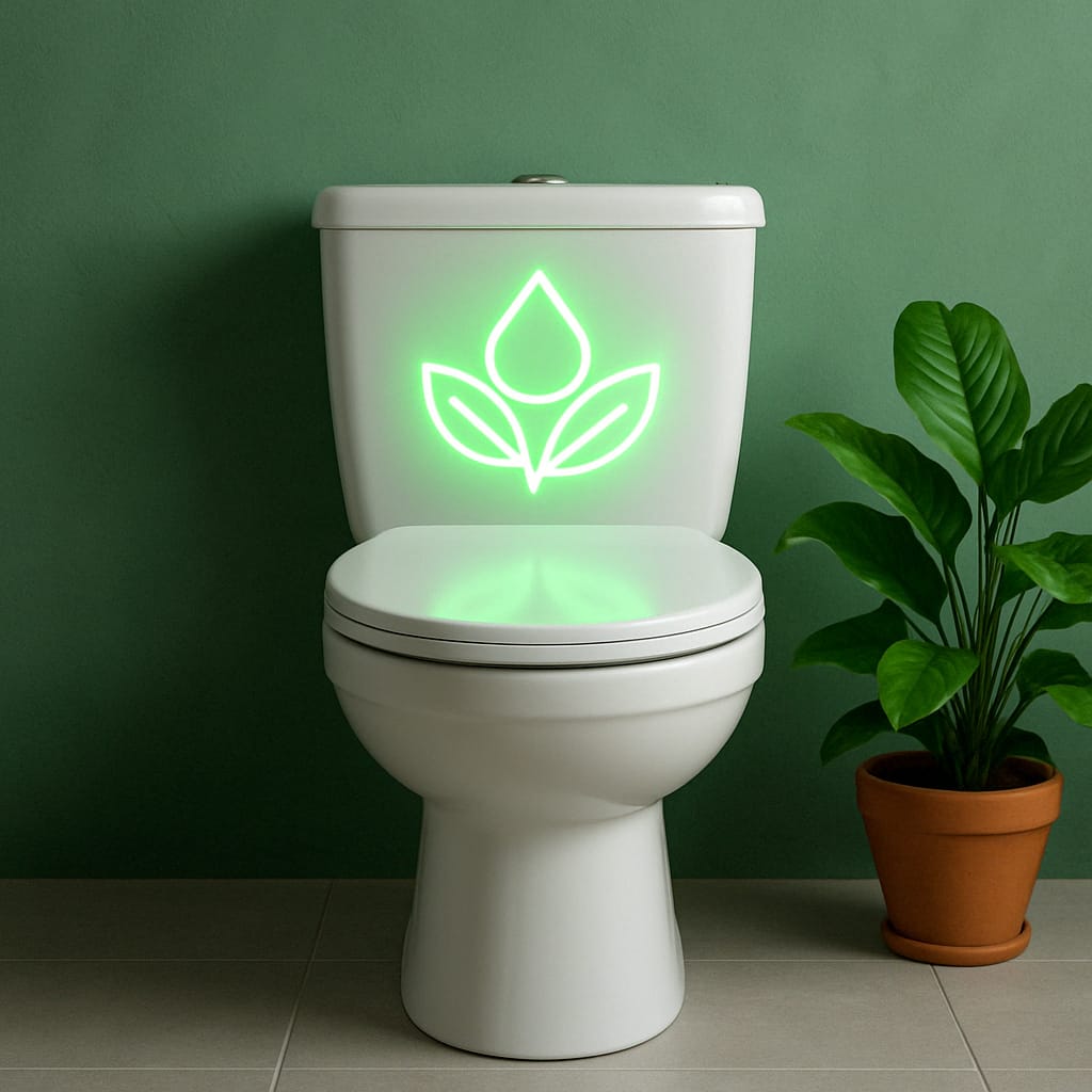 White toilet featuring a green leaf design illuminated on the tank.