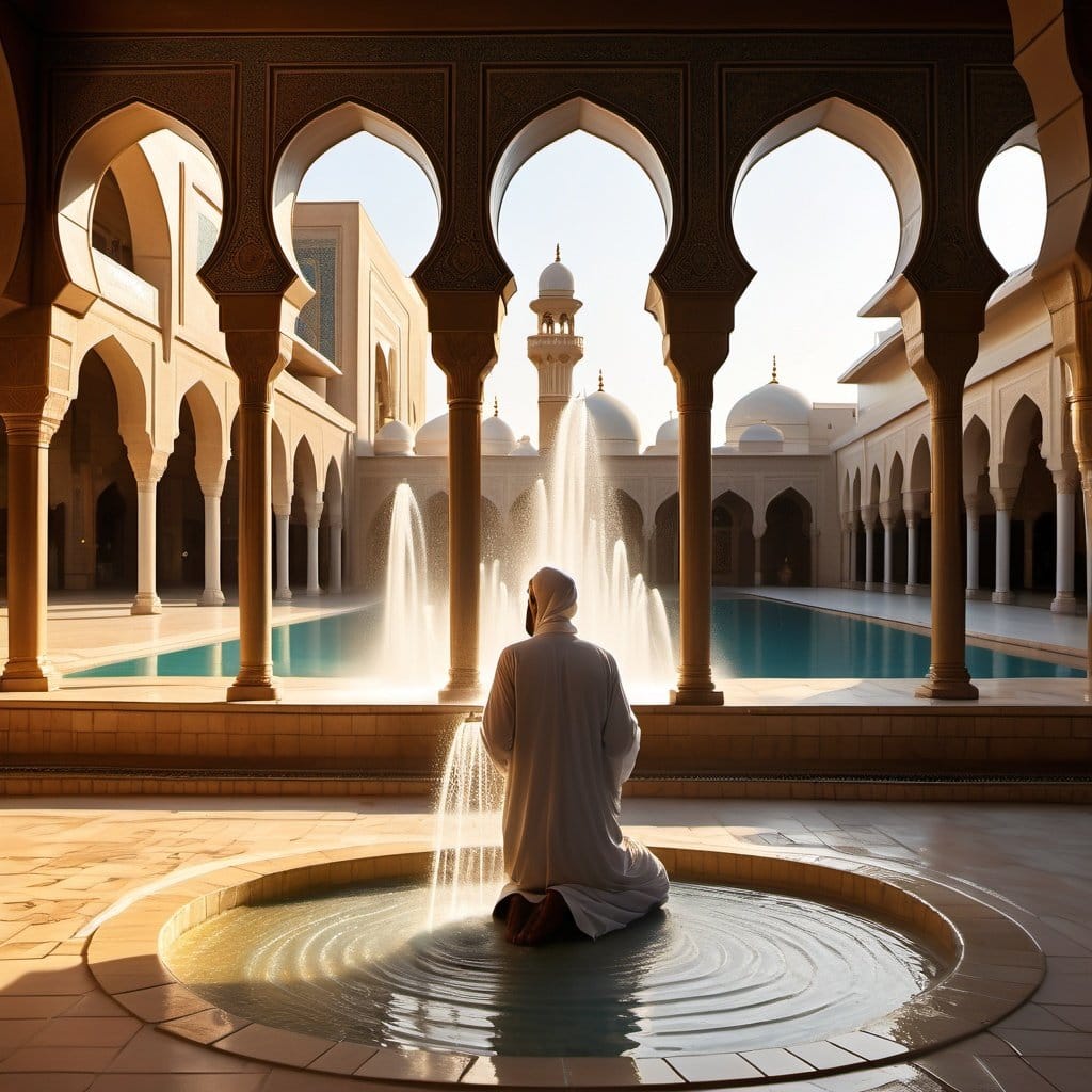 A man in traditional attire kneeling in a shallow pool in a courtyard with a fountain and arches.