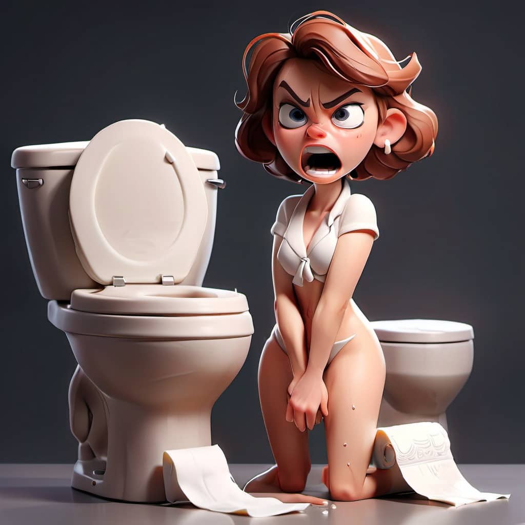 Animated character with a frustrated expression standing between two toilets with toilet paper.
