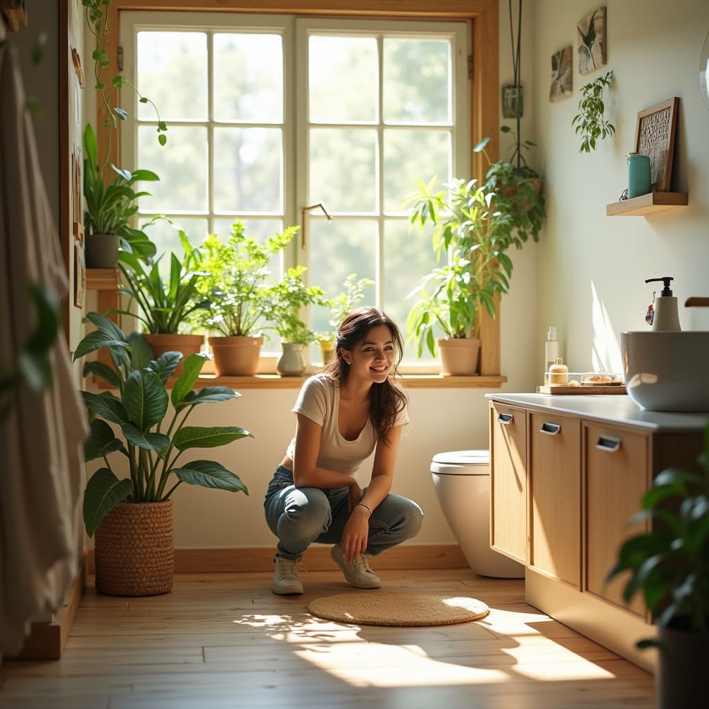 A woman squatting in a well-lit bathroom surrounded by various indoor plants.