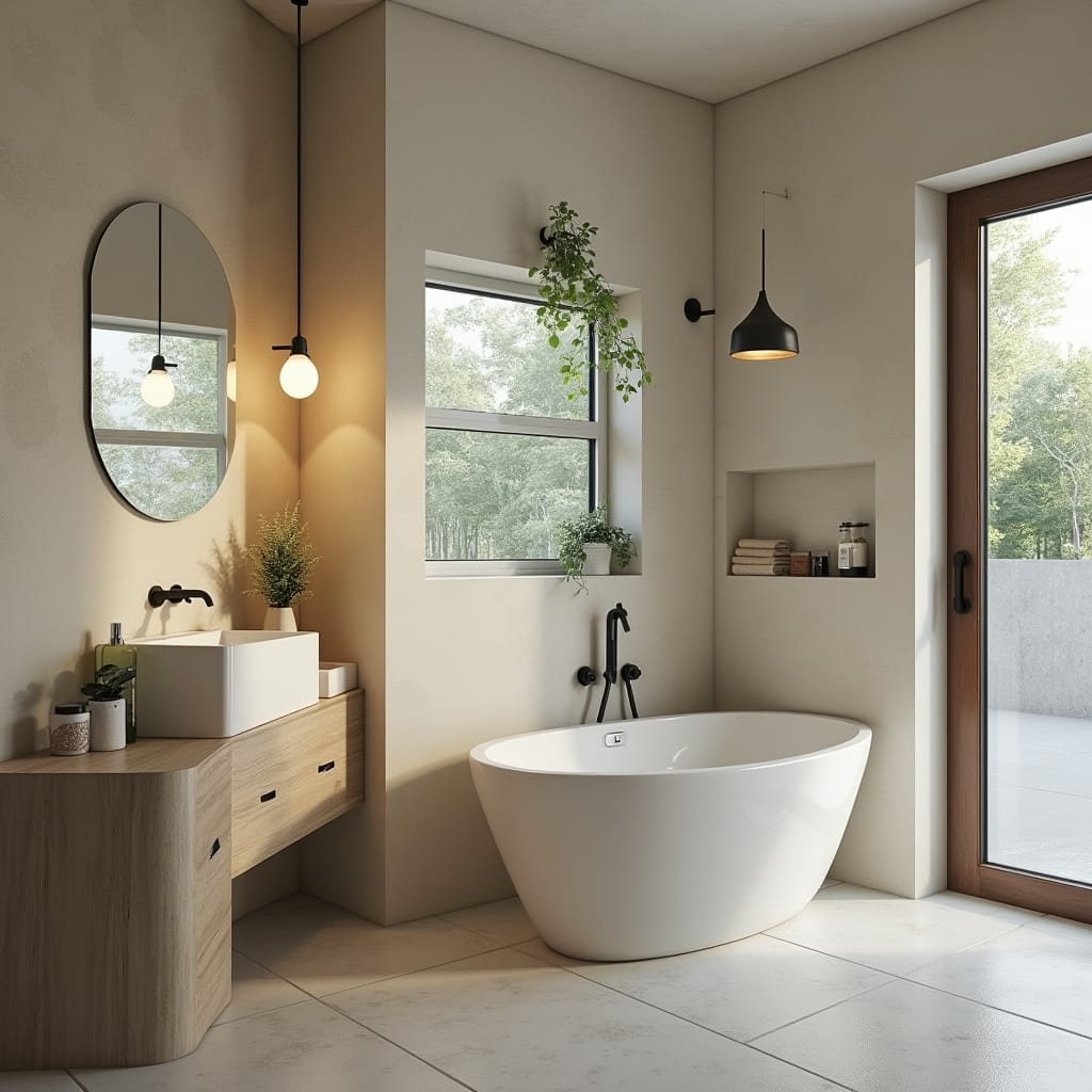A modern bathroom featuring a freestanding white bathtub, wooden vanity, and round mirror.