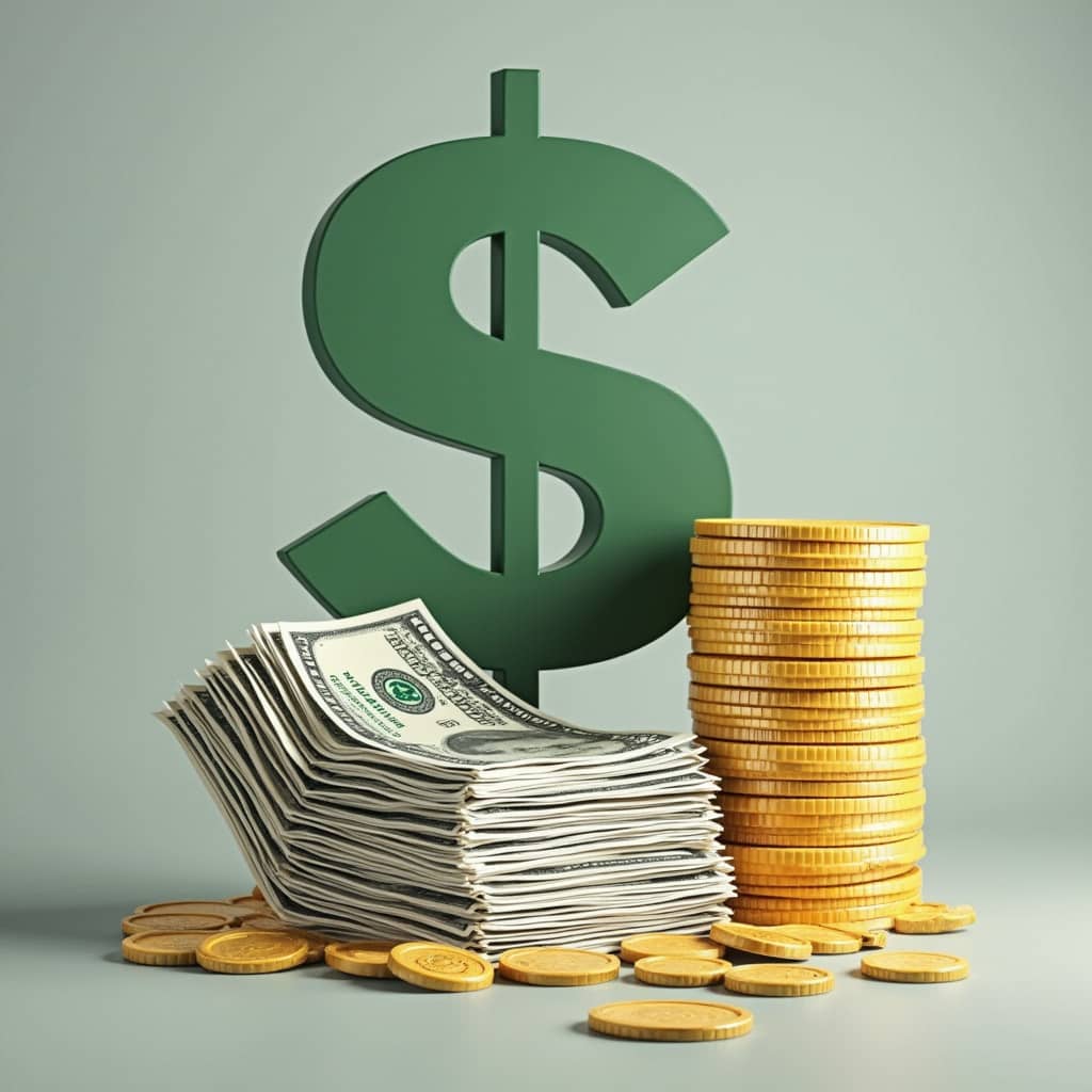 A green dollar sign behind a stack of cash and gold coins on a neutral background.