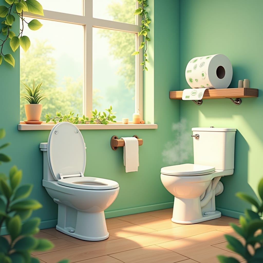 Two white toilets in a bright bathroom with green walls and a window.