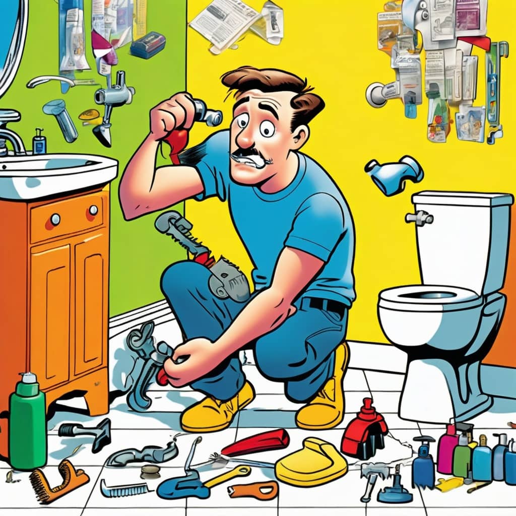 Cartoon illustration of a plumber fixing a sink in a bathroom with various tools scattered around.