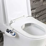 White bidet toilet attachment with control panel on the side, featuring two knobs for water control.