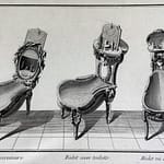 Three historical bidet designs illustrated in a detailed engraving from the 18th century.