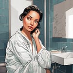 Illustration of a woman with dark hair wearing a white robe in a bathroom setting.