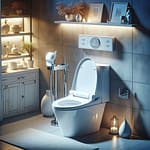 A modern bidet toilet with a sleek design in a softly lit bathroom environment.