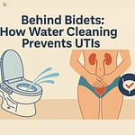 Illustration showing a bidet and a person indicating water cleaning to prevent UTIs.