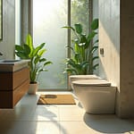 A modern bathroom featuring a bidet and two potted plants near a large window.