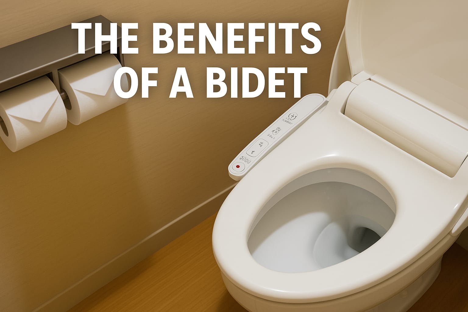 White bidet toilet with a control panel on the side and toilet paper holder in the background.