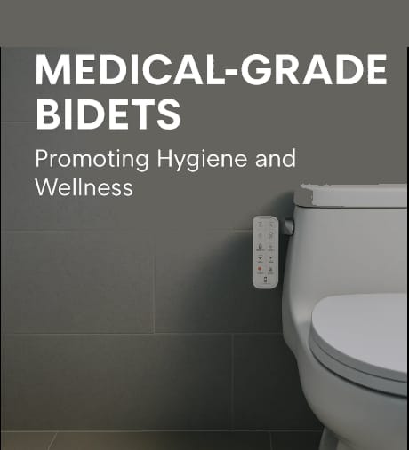 Medical-grade bidet attached to a toilet with a control panel on the side.