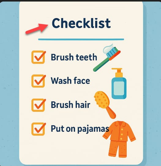 Illustrated checklist featuring items like toothbrush, face wash, and pajamas with checkmarks.