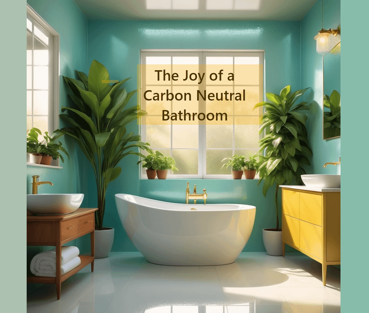 A bright bathroom featuring a white freestanding bathtub, green walls, and indoor plants.