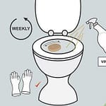 Illustration showing cleaning instructions for a bidet nozzle with vinegar and gloves.
