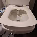 Close-up view of a white toilet featuring a bidet attachment on the side.