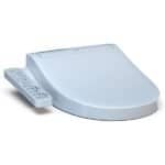 White bidet toilet seat with a remote control on the side for operation.