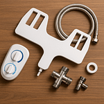 Components of a bidet conversion kit including a control panel, hose, and connectors on a wooden surface.