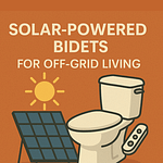 Illustration of a solar-powered bidet next to a solar panel and sun icon.