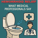 Illustration of a toilet with a medical professional and text about hemorrhoid relief.