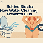 Illustration showing a bidet and a person indicating water cleaning to prevent UTIs.