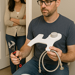 Person holding bidet components and tools while another person observes in the background.