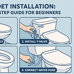 Illustration showing steps for DIY bidet installation including turning off water supply, installing T-valve, attaching bidet seat, and connecting water hose.