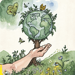 Artistic illustration of Earth as a globe on a tree with butterflies and flowers.