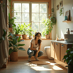 A woman squatting in a well-lit bathroom surrounded by various indoor plants.