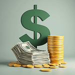 A green dollar sign behind a stack of cash and gold coins on a neutral background.