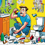 Cartoon illustration of a plumber fixing a sink in a bathroom with various tools scattered around.