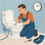 Individual wearing gloves and overalls installing a toilet seat in a bathroom setting.