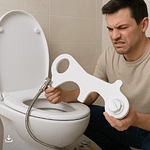 Man with a concerned expression holding a bidet attachment near a toilet in a bathroom.