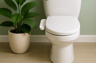 White toilet with a bidet attachment and a green plant in a pot beside it.