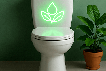 White toilet featuring a green leaf design illuminated on the tank.