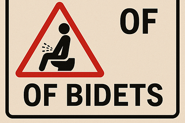 Warning sign indicating danger of bidets with a graphic of a person using one.