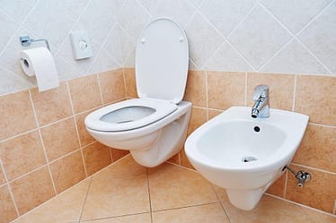 A white toilet and a bidet positioned next to each other in a tiled bathroom.