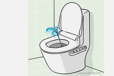 Illustration of a toilet with a bidet attachment featuring water spray.