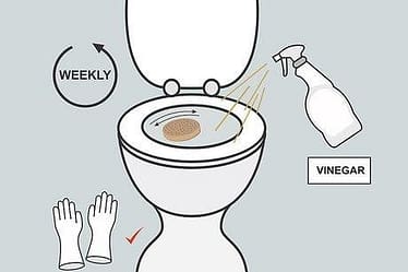 Illustration showing cleaning instructions for a bidet nozzle with vinegar and gloves.