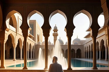 A man in traditional attire kneeling in a shallow pool in a courtyard with a fountain and arches.
