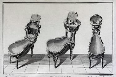 Three historical bidet designs illustrated in a detailed engraving from the 18th century.