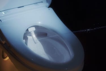 Close-up view of a modern toilet bowl featuring a bidet attachment.