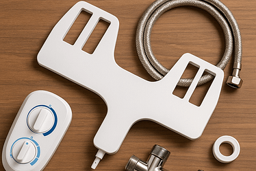 Components of a bidet conversion kit including a control panel, hose, and connectors on a wooden surface.