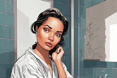 Illustration of a woman with dark hair wearing a white robe in a bathroom setting.