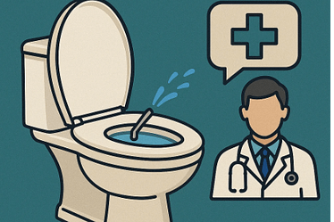Illustration of a toilet with a medical professional and text about hemorrhoid relief.