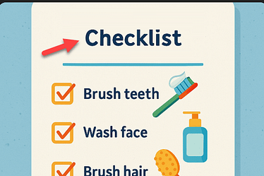 Illustrated checklist featuring items like toothbrush, face wash, and pajamas with checkmarks.