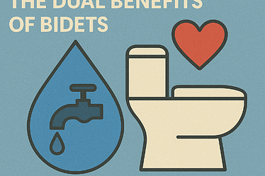 Graphic illustrating water conservation and personal health benefits of bidets with a faucet and toilet icon.