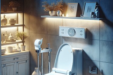 A modern bidet toilet with a sleek design in a softly lit bathroom environment.